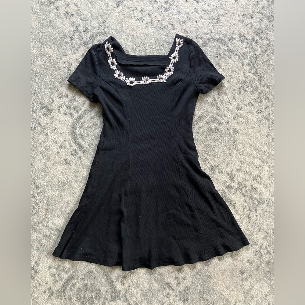 1990s Black Ribbed Daisy Mini Dress